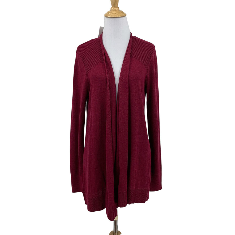 Loft Cardigan Womens M Medium Raspberry Wool Blend Tight Knit Open Front Sweater